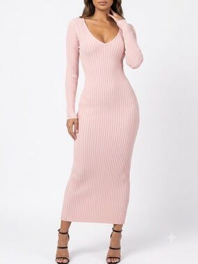 Hera Collection Ribbed V-Neck Maxi Dress Blush Pink S